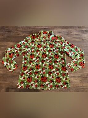 Nicole Taylor Vintage Silk Beaded Ladybug Button Up Sheer blouse sz Sm